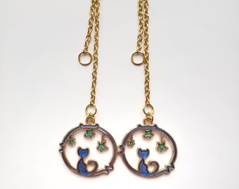 Blue and Gold Celestial Charm Earrings, Cat and Moon Earrings, Celestial Cat Earrings, Small Hoop and Chain Charm Earring