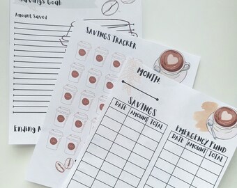 Coffee Theme Savings Trackers 3PK for Cash Stuffing System Digital Download (Savings, Emergency Fund, Savings Challenge) Customizable