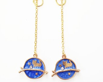 Blue and Gold Celestial Charm Earrings, Cat and Moon Earrings, Celestial Cat Earrings