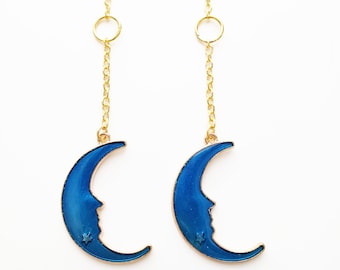 Blue Cresent Moon Dangle Chain Earrings, Gold Chain Hoop Dangle Earring, Gold Plated Celestial Moon Earrings