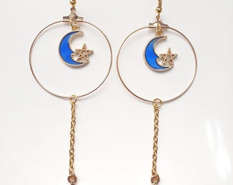 Blue and Gold Celestial Charm Earrings, Star and Moon Hoop Earrings, Celestial Hoop and Chain Earrings