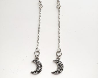 Silver Moon Charm Dangle Earrings, Celestial Charm Earrings, Silver Moon and Chain Earrings