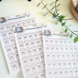 Puede incluir: Tres hojas de papel con un desafío de ahorro en forma de taza de café. Las hojas están etiquetadas con desafíos de ahorro de 1000 €, 2000 € y 5000 €. Cada hoja tiene una cuadrícula de tazas de café con cantidades en euros escritas en su interior. Las cantidades aumentan de 5 € a 500 €.