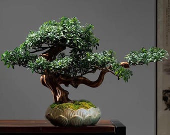 VICKY YAO Design Aesthetic - Meistverkaufte handgefertigtes exklusives Design künstliches Bonsai-Kunstgeschenk für Ihn im Lotus Medium Pot 50x19x33cm
