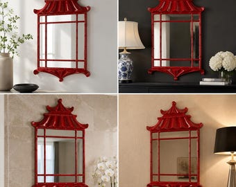 VICKY YAO – Handgefertigter chinesischer Wandspiegel im Stil einer roten Pagode | Dekorativer Spiegel im Chinoiserie-Stil mit orientalischem Bambusrahmen | Luxuriöse asiatische Wanddekoration
