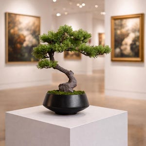 K&ouml;nnte beinhalten: Ein kleiner Bonsai-Baum mit leuchtend gr&uuml;nem Laub und einem strukturierten, geschwungenen braunen Stamm. Der Baum ist in eine glatte, mattschwarze, schalenf&ouml;rmige Keramikschale gepflanzt, deren Erdoberfl&auml;che mit gr&uuml;nem Moos bedeckt ist.