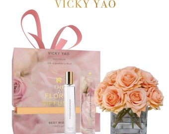 VICKY YAO FRAGRANCE - Real Touch 12 Stems Orange Rose Floral Art & Luxury Fragrance 50ml