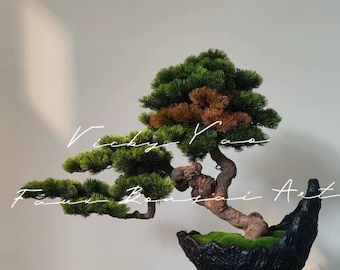 May include: A green faux bonsai tree with brown branches in a black ceramic pot. The pot is sitting on a square, textured, gray pedestal.