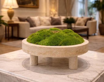 VICKY YAO - Natural Roman Travertine Bowl with Preserved Moss Wabi-Sabi Aesthetic Home Decor | Handmade Zen Art