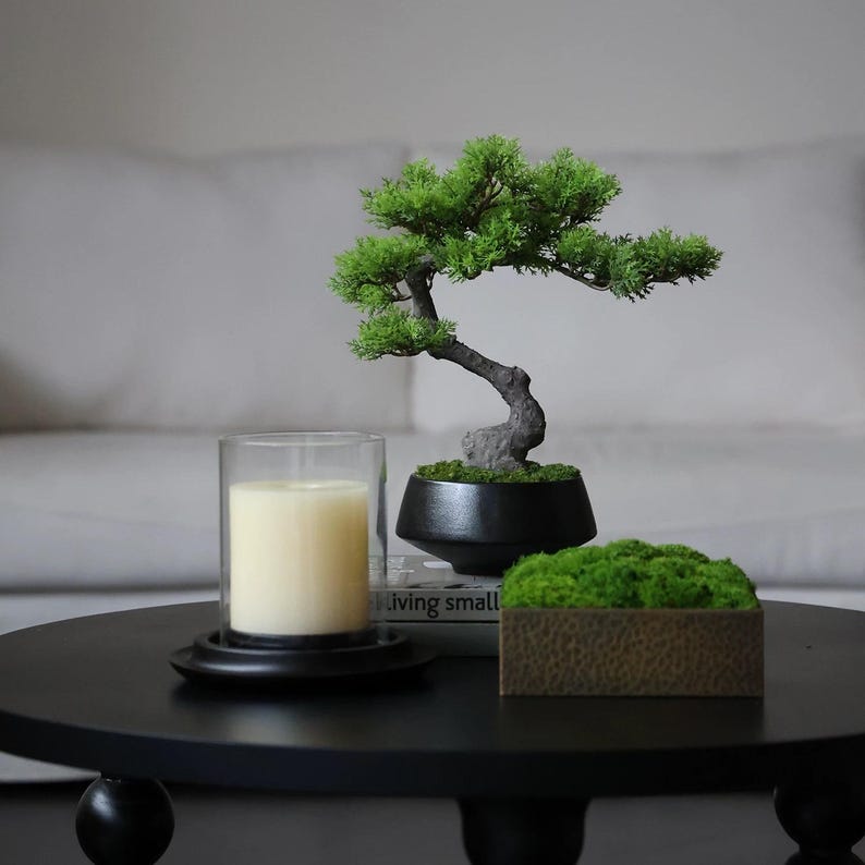 K&ouml;nnte beinhalten: Ein kleiner k&uuml;nstlicher Bonsai mit hellgr&uuml;nem Laub in einer schwarzen Schale, eine cremefarbene Stumpenkerze in einem klaren Glaszylinder und ein rechteckiger Beh&auml;lter mit gr&uuml;nem Moos, alles auf einem runden schwarzen Tisch.