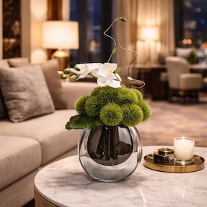 VICKY YAO Design Aesthetic - Artificial Green Moss Ball Floral Arrangement with Orchid, Modern Faux Flower Decor in Glass Vase W18xH26cm