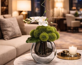 VICKY YAO - Künstliche grüne Moos Ball Orchidee Blumenarrangement - Moderne Kunstblumenvase (B18xH26cm)