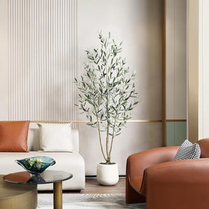 May include: An artificial olive tree in a white pot stands in a modern living room. The tree has green leaves and small olive-like details. The room features a white sofa with orange and white pillows, a glass coffee table, and a brown leather armchair.