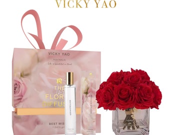 VICKY YAO FRAGRANCE - Real Touch 12 Stems Fire Red Rose Floral Art & Luxury Fragrance 50ml