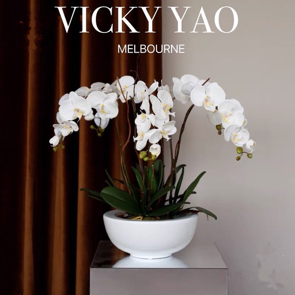 Vicky Yao Faux Floral - Diseño Exclusivo Elegante Arreglo de Orquídea Phalaenopsis Artificial Blanca