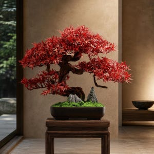 May include: A bonsai tree with vibrant red maple leaves and a dark, gnarled trunk. The tree is planted in a dark rectangular ceramic pot filled with green moss and two small, textured gray rock formations at the base of the tree's main stem.