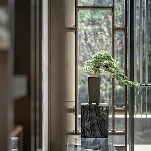 May include: A small bonsai tree in a brown pot sits on a black marble pedestal. The tree is in front of a large window with a view of green trees and a glass pane.
