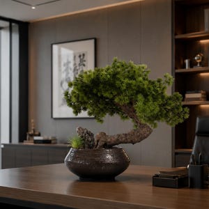May include: A bonsai tree with dense green foliage and a thick, textured brown trunk planted in a dark, round, glazed ceramic pot. The tree features a curved trunk shape and is positioned alongside a small, dark, jagged rock element.