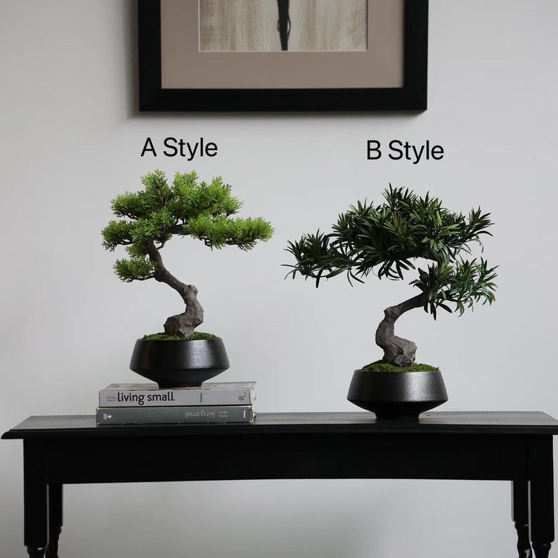 K&ouml;nnte beinhalten: Zwei k&uuml;nstliche Bonsai-B&auml;ume mit der Beschriftung A Style und B Style. Der Baum A Style hat hellgr&uuml;nes Laub, w&auml;hrend der Baum B Style dunkelgr&uuml;ne nadelartige Bl&auml;tter hat. Beide haben geschwungene braune St&auml;mme in schwarzen Schalen auf zwei B&uuml;chern.