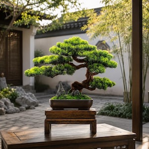 May include: A bonsai tree with vibrant green needles and a thick, textured brown trunk, planted in a dark brown oval ceramic pot. The tree features mossy soil and small grey rock accents, resting on a rectangular wooden display stand.