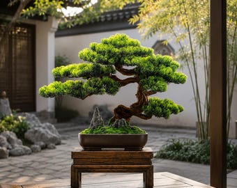 VICKY YAO-Artificial Bonsai Tree Japanese Pine Bonsai Decor Zen Tabletop Sculpture Hotel Lobby Decor Office Decoration W61xH45cm/24”W × 18”H