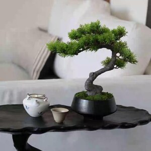 K&ouml;nnte beinhalten: Ein kleiner k&uuml;nstlicher Bonsai-Baum mit leuchtend gr&uuml;nem Laub und einem geschwungenen dunklen Stamm, gepflanzt in einem runden schwarzen Keramiktopf. Neben dem Bonsai stehen eine kleine wei&szlig;e Keramik-Teekanne mit blauen Blumenmustern und eine beige Teetasse.
