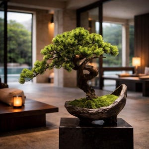 VICKY YAO-Artificial Bonsai Tree in Half-Moon Pot ｜Zen Decor for Home or Office | Japanese Style Faux Pine Tree with Moss L55xW25xH50cm