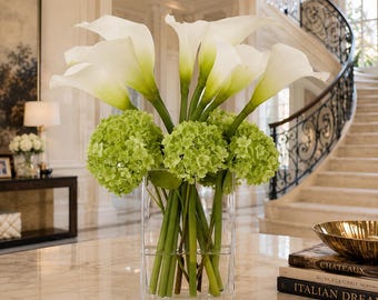 VICKY YAO - Luxury Faux Floral Arrangement, White Calla Lily & Green Hydrangea Centerpiece, Real Touch Flowers Modern Villa Home Decor H50cm