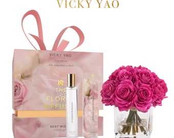 VICKY YAO FRAGRANCE - Real Touch 12 Stems Purple Rose Floral Art & Luxury Fragrance 50ml