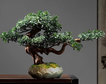 VICKY YAO Design Aesthetic - Best Selling Handmade Exclusive Design Artificial Bonsai Art Gift for Him in Lotus Medium Pot 50x19x33cm