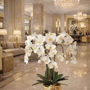 VICKY YAO Fiori artificiali - Design esclusivo Real Touch Composizione di orchidee artificiali in vaso dorato