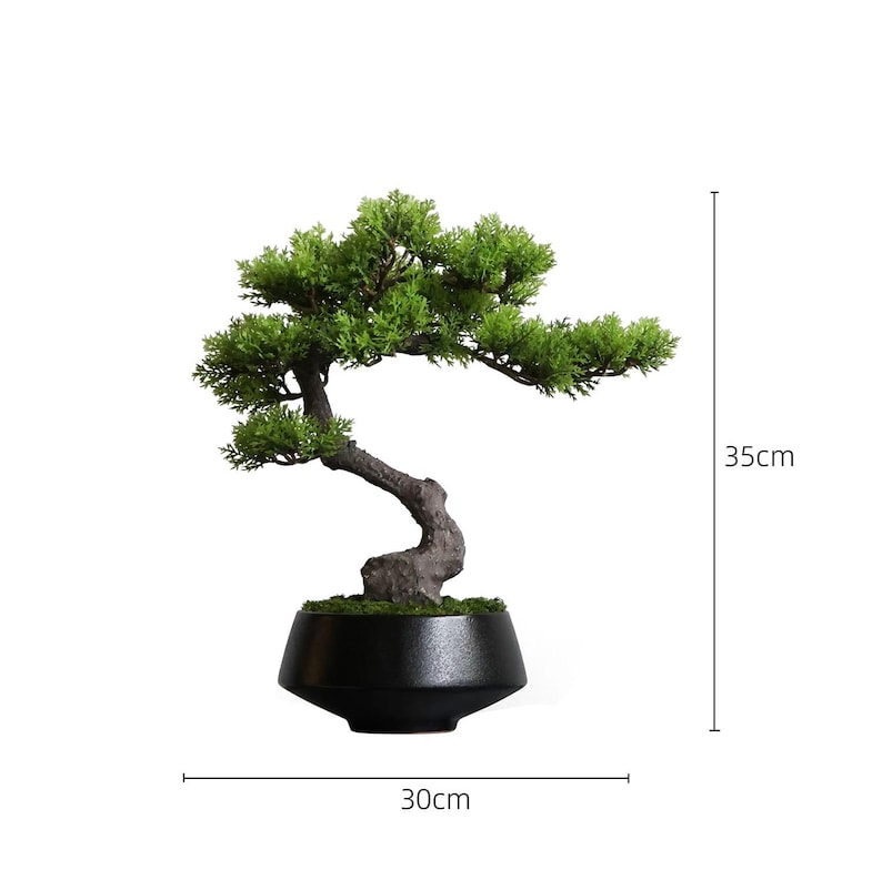 K&ouml;nnte beinhalten: Ein k&uuml;nstlicher Bonsai-Baum mit leuchtend gr&uuml;nem Laub und einem strukturierten braunen Stamm, gepflanzt in einem schwarzen, konisch zulaufenden Keramiktopf. Die Pflanze ist 35 cm hoch und 30 cm breit, wie durch die sichtbaren Ma&szlig;linien dargestellt.
