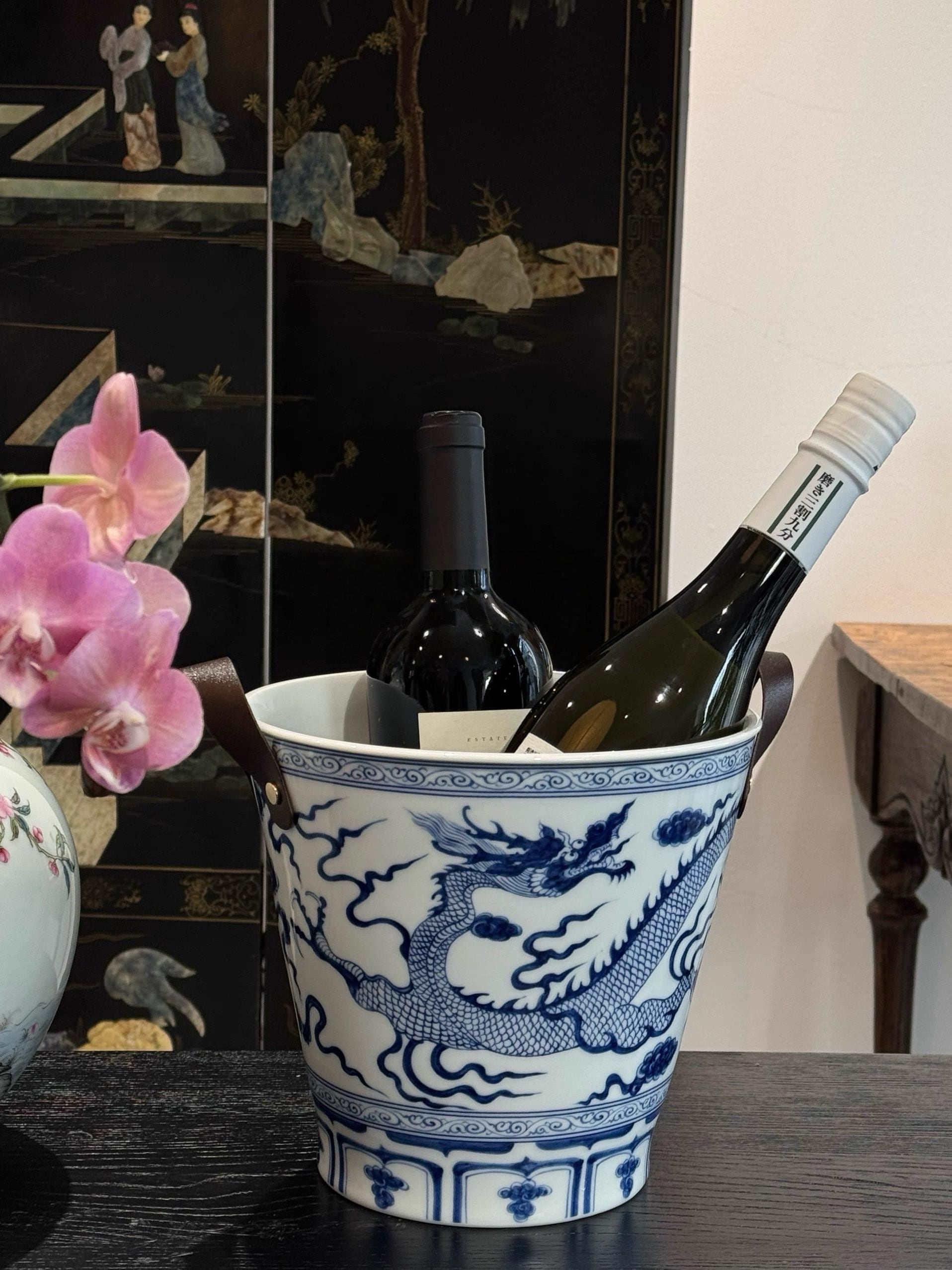 VICKY YAO Oriental Dragon Porcelain Ice Bucket - Blue and White