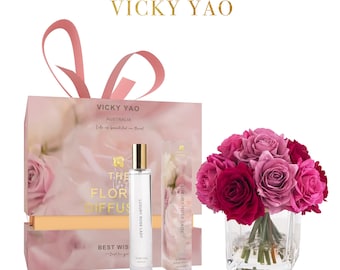 VICKY YAO FRAGRANCE - Real Touch 12 Stems Mix Rose Floral Art & Luxury Fragrance 50ml