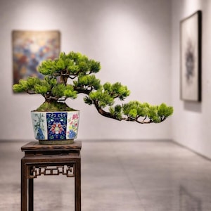 VICKY YAO -Oriental Aesthetic Faux Bonsai Handmade Realistic Tree in Enamel Floral Cloisonné Pot,Zen-Inspired Chinese L35xW15xH23cm