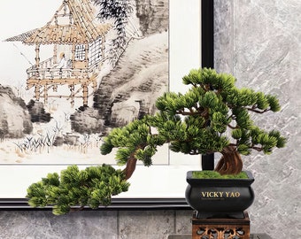 VICKY YAO - Artificial Bonsai Tree with Real Wood Trunk Handmade Bonsai Sculpture Luxury Japanese Decor Zen Tabletop Art Unique Gift 18.1” L