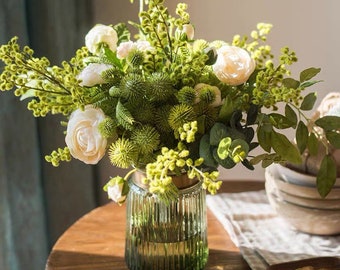 Green and White Faux Flower Arrangement – Table Centerpiece