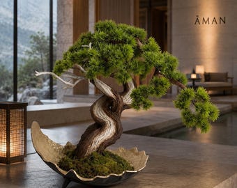VICKY YAO-Artificial Bonsai Tree Handcrafted Realistic Bonsai Art with Genuine Tree Trunk, Preserved Moss & Hand-Gilded Planter  L55xW25xH50