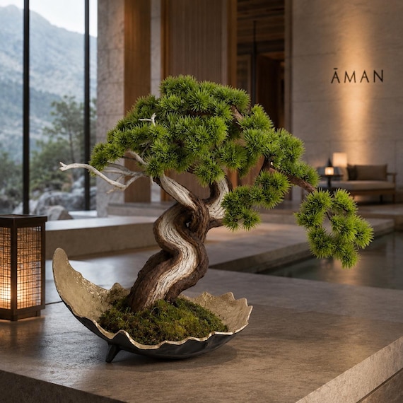 VICKY YAO – Künstlicher Bonsai-Baum, handgefertigt, realistische Bonsai-Kunst mit echtem Baumstamm, konserviertem Moos und handvergoldetem Pflanzgefäß, L 55 x B 25 x H 50