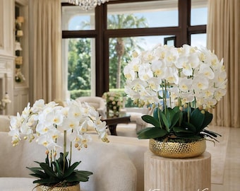 VICKY YAO Großer Orchideen-Arrangement-Topf mit realistischer Haptik – Weiße/Rosa Orchideen