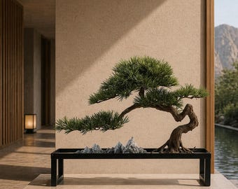 VICKY YAO-Artificial Bonsai Tree Japanese Style Bonsai Faux Pine Tree Zen Garden Decor Home Decor Indoor Sculpture Plant L60xW25xH50