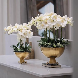 Vicky Yao Faux Floral - Home Decor Exclusive Design Luxury Artificial Orchid Flower Arrangement With Triangle Ball Vase