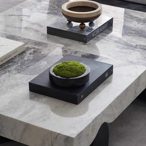 May include: A white marble coffee table with two black square trays. One tray has a small brown bowl with a beige rim and the other tray has a small black bowl with green moss inside. The text "KOBI KARP" is printed on the tray with the brown bowl.