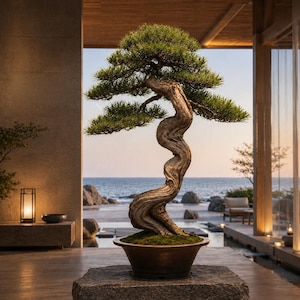 May include: A bonsai tree with a thick, twisted, textured brown trunk and vibrant green needle-like foliage. The tree is planted in a shallow, dark brown ceramic pot, which rests on a large, rough-hewn stone pedestal in an open-air space.