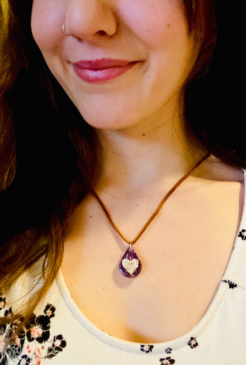 Botanical Necklace 925 Sterling Silver Chain Real Flower Necklace Genuine Leather Birch Bark Heart /& Purple Wildflower Fluff Necklace