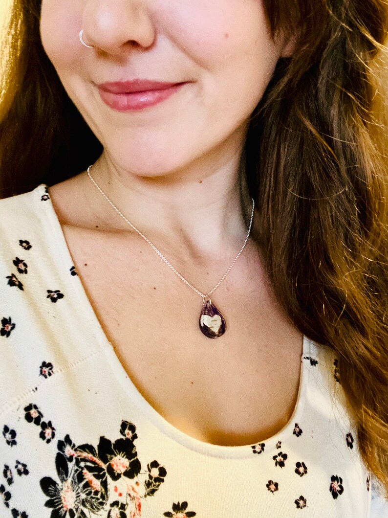 Botanical Necklace 925 Sterling Silver Chain Real Flower Necklace Genuine Leather Birch Bark Heart /& Purple Wildflower Fluff Necklace