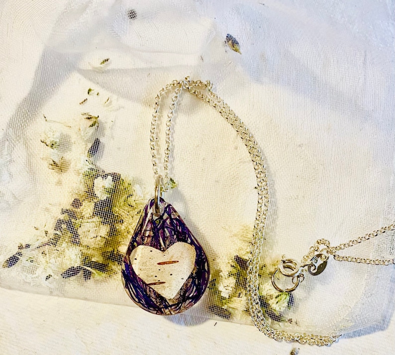Botanical Necklace 925 Sterling Silver Chain Real Flower Necklace Genuine Leather Birch Bark Heart /& Purple Wildflower Fluff Necklace