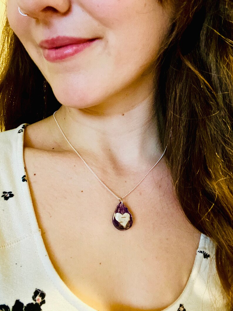 Botanical Necklace 925 Sterling Silver Chain Real Flower Necklace Genuine Leather Birch Bark Heart /& Purple Wildflower Fluff Necklace