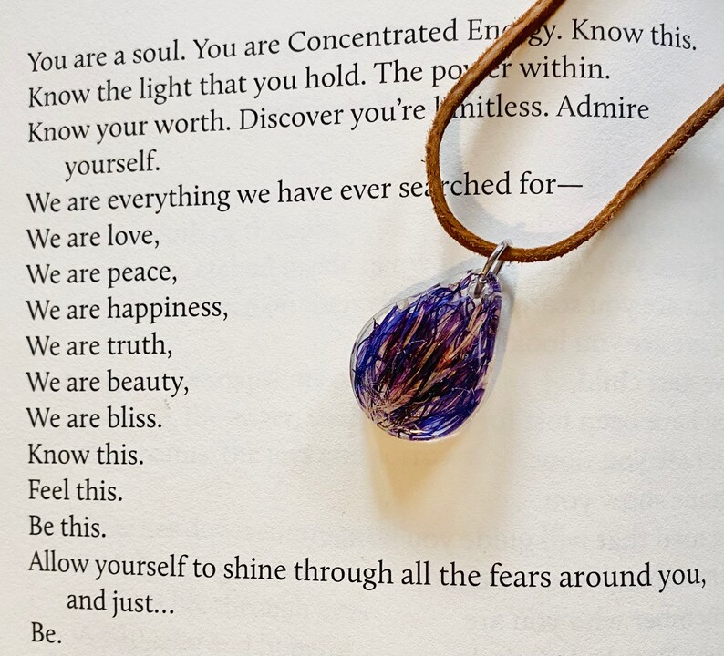 Botanical Necklace 925 Sterling Silver Chain Real Flower Necklace Genuine Leather Birch Bark Heart /& Purple Wildflower Fluff Necklace