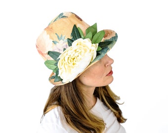 Alakazia Easter Fedora Top Hat style Colorful Women's Unisex hat with LARGE Artificial Flower leaves and Gold Trim